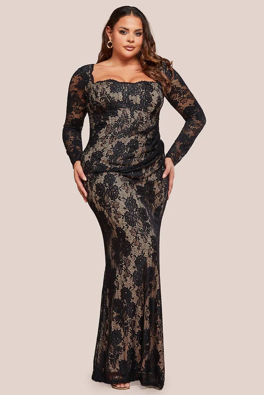 GODDIVA PLUS SCALLOPED LACE CORSET BODICE MAXI DRESS