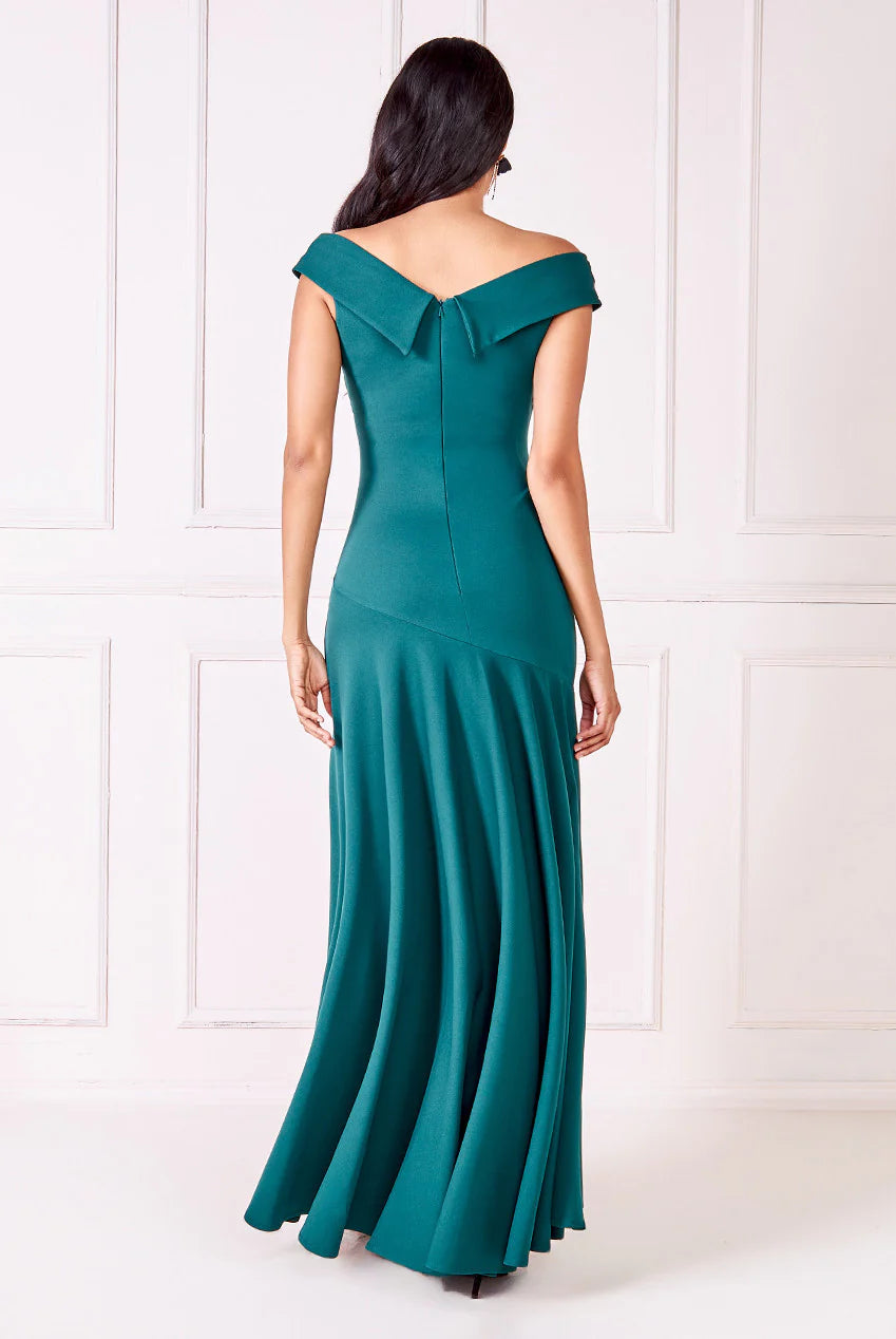 CITY GODDESS SCUBA CREPE OFF THE SHOULDER BARDOT DRESS