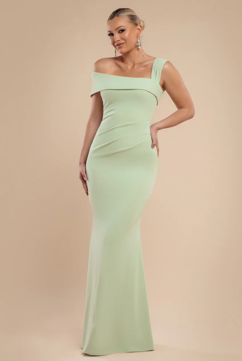 GODDIVA OFF SHOULDER ASYMMETRIC PLEATED WAIST MAXI DRESS