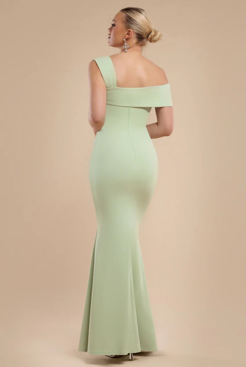 GODDIVA OFF SHOULDER ASYMMETRIC PLEATED WAIST MAXI DRESS