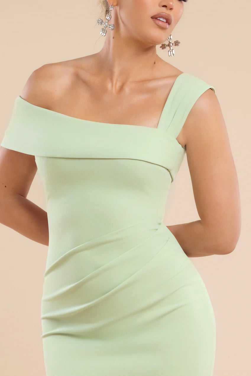 GODDIVA OFF SHOULDER ASYMMETRIC PLEATED WAIST MAXI DRESS