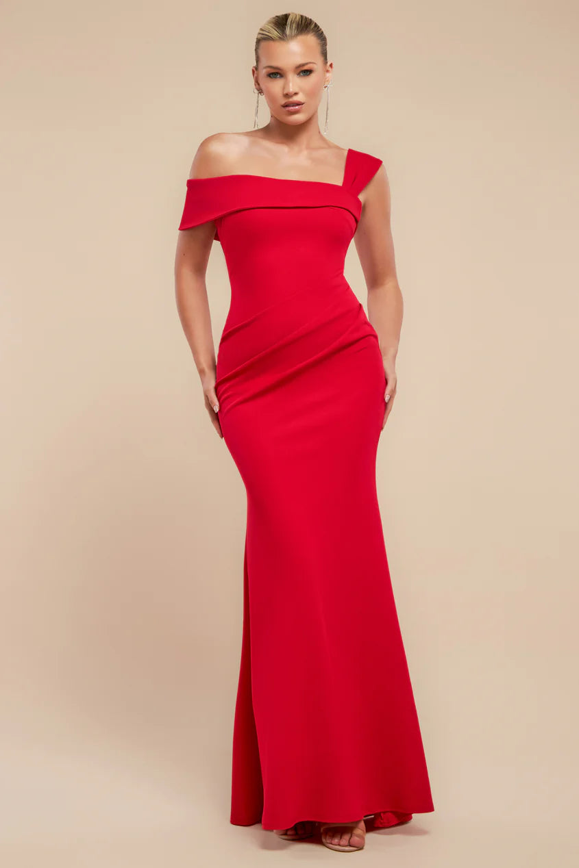 GODDIVA OFF SHOULDER ASYMMETRIC PLEATED WAIST MAXI DRESS