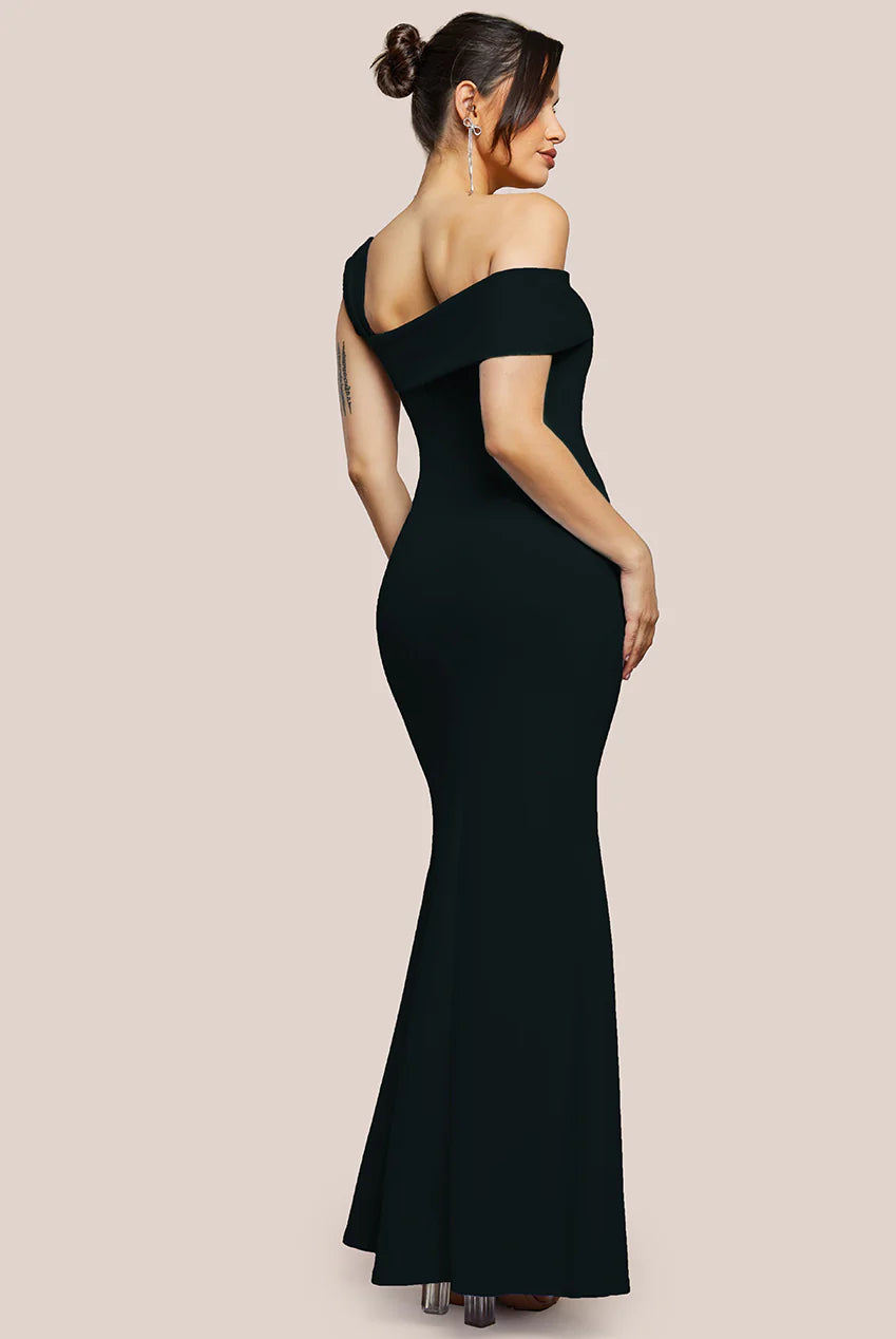 GODDIVA OFF SHOULDER ASYMMETRIC PLEATED WAIST MAXI DRESS