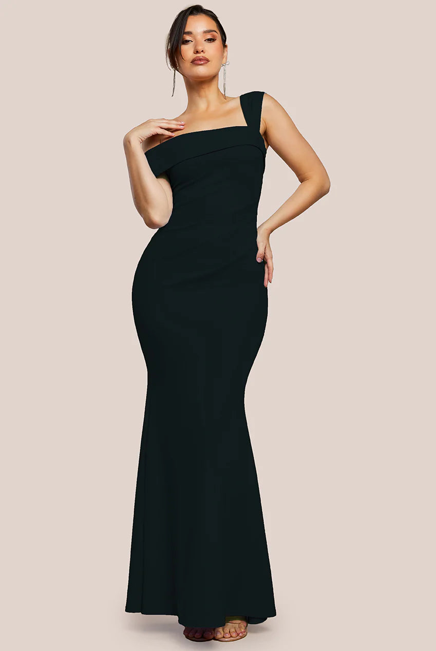 GODDIVA OFF SHOULDER ASYMMETRIC PLEATED WAIST MAXI DRESS