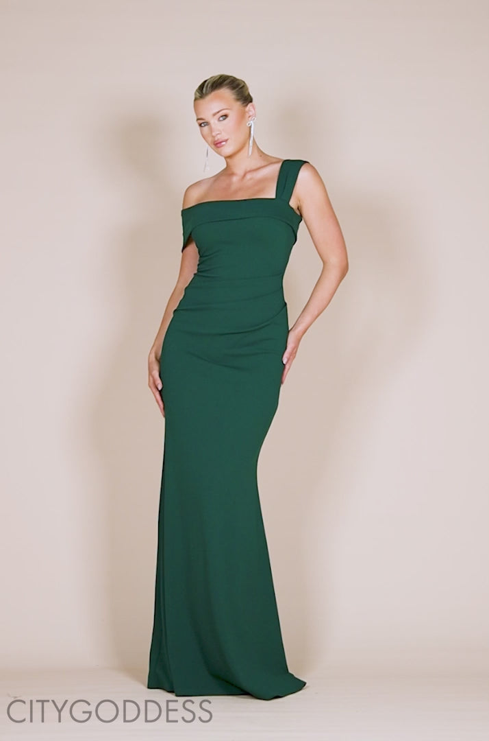 GODDIVA OFF SHOULDER ASYMMETRIC PLEATED WAIST MAXI DRESS