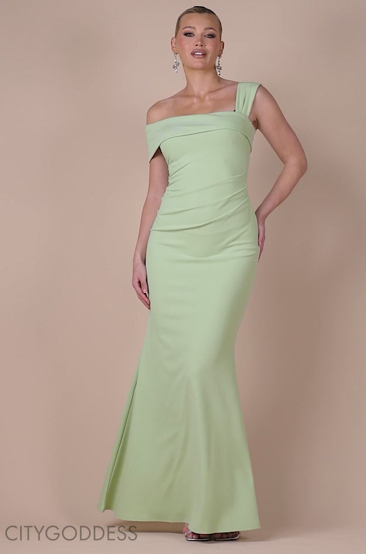 GODDIVA OFF SHOULDER ASYMMETRIC PLEATED WAIST MAXI DRESS