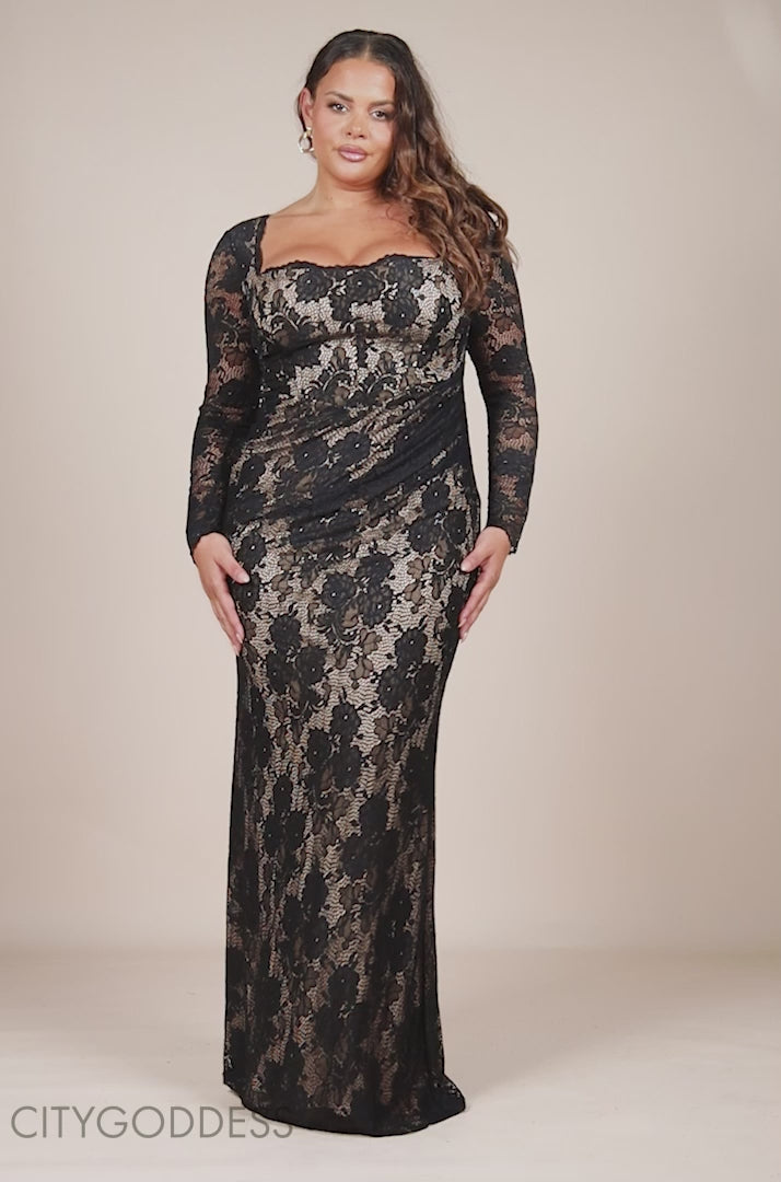 GODDIVA PLUS SCALLOPED LACE CORSET BODICE MAXI DRESS