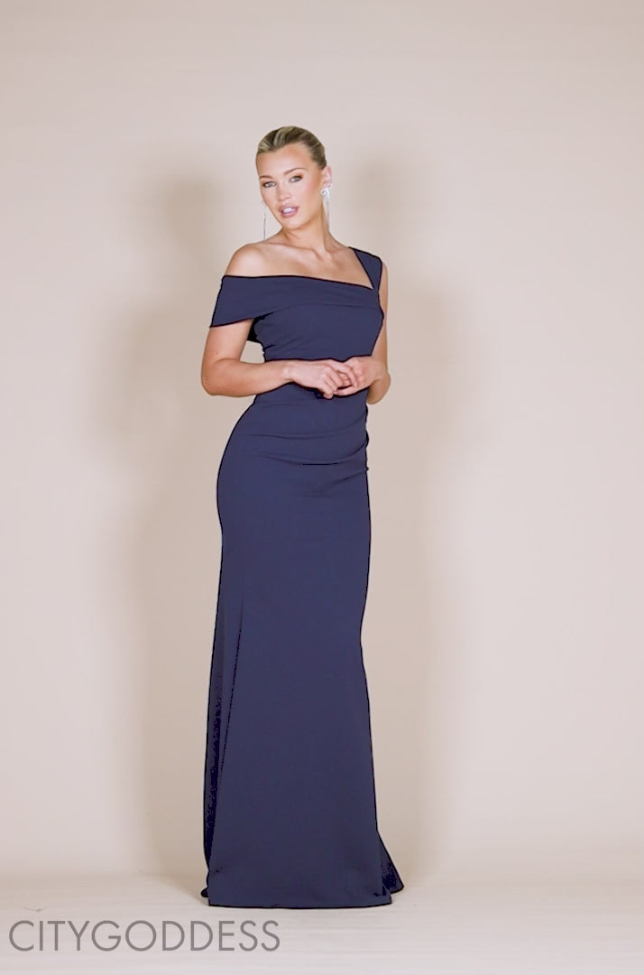GODDIVA OFF SHOULDER ASYMMETRIC PLEATED WAIST MAXI DRESS