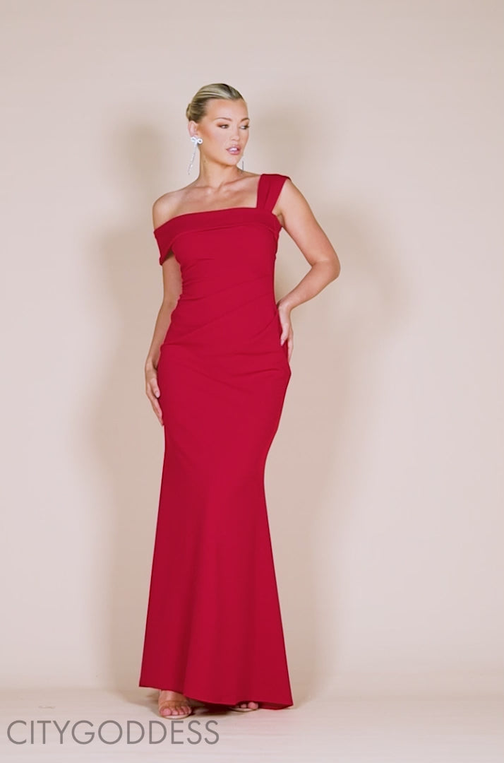 GODDIVA OFF SHOULDER ASYMMETRIC PLEATED WAIST MAXI DRESS