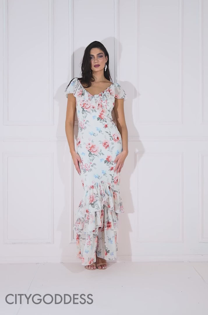 GODDIVA FLORAL PRINTED CHIFFON RUFFLE MAXI DRESS